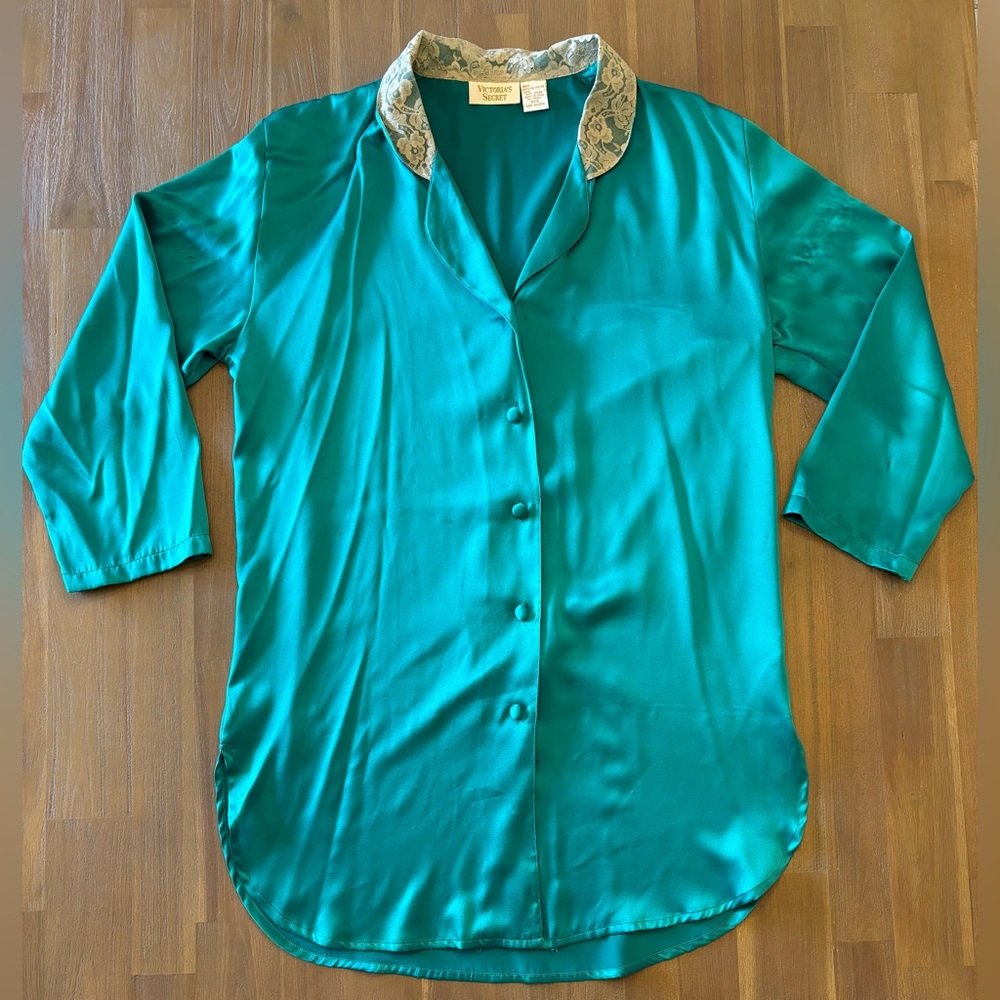 Victoria's Secret Teal Satin Button Down Shirt with Lace Collar